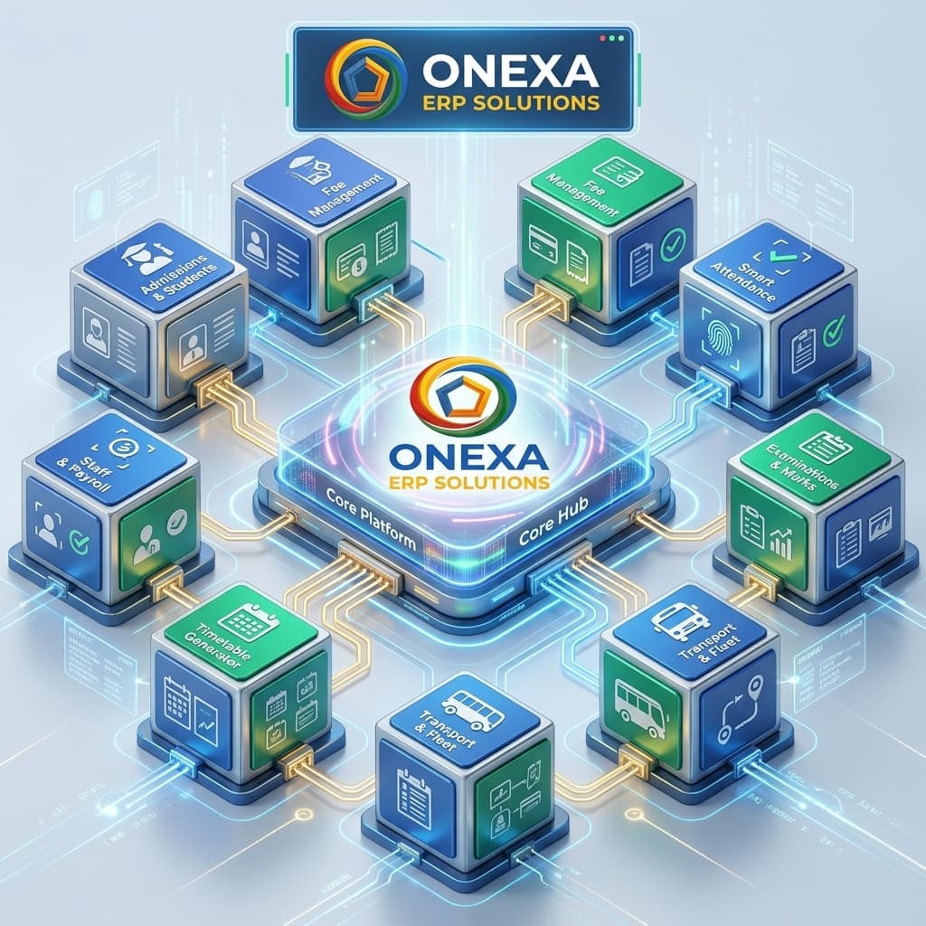 Modular software blocks snapping together in a 3D tech interface