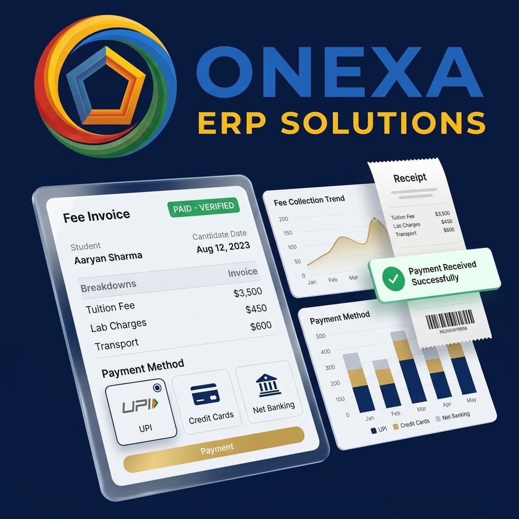 Onexa Mobile App showing a secure fee payment gateway