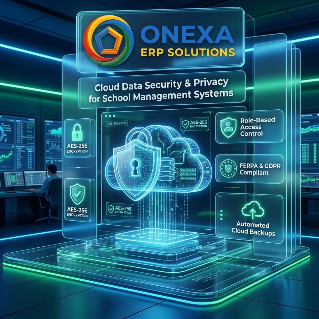 Onexa ERP Solutions Dashboard displaying secure cloud architecture