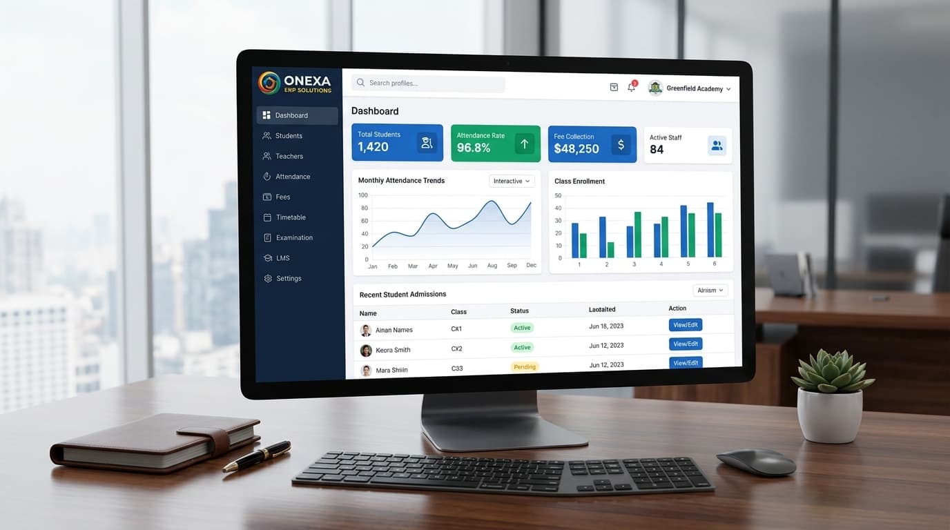 Onexa ERP Solutions Dashboard showing AI analytics